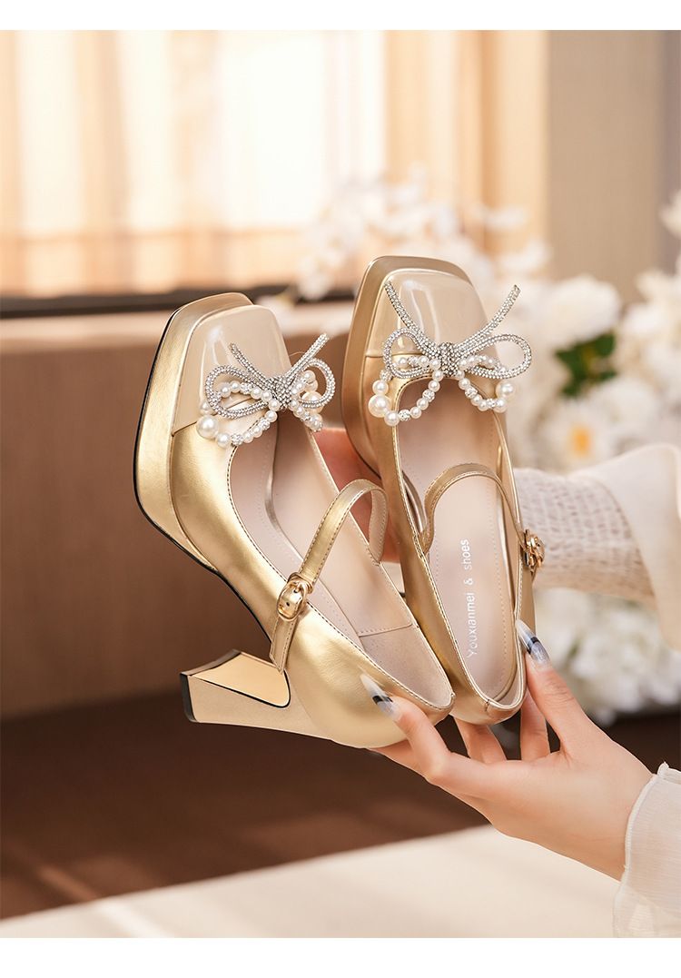 Y9759-096 Color Block Mary Jane Rhinestone Bow Chunky Heel High Heels Lively Elegant Luxurious Dress Shoes_voghion.com