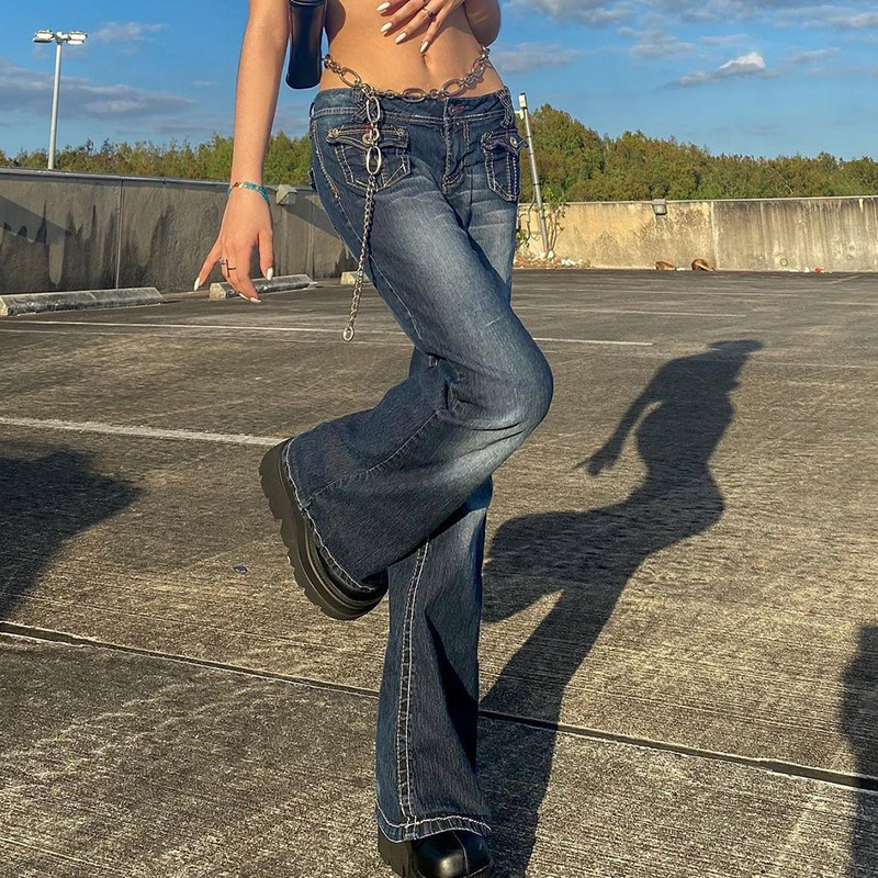 Damkläder Ins Mode Retro Old Trend Hot Girl Low Waist Pocket Jeans För Kvinnor_voghion.com