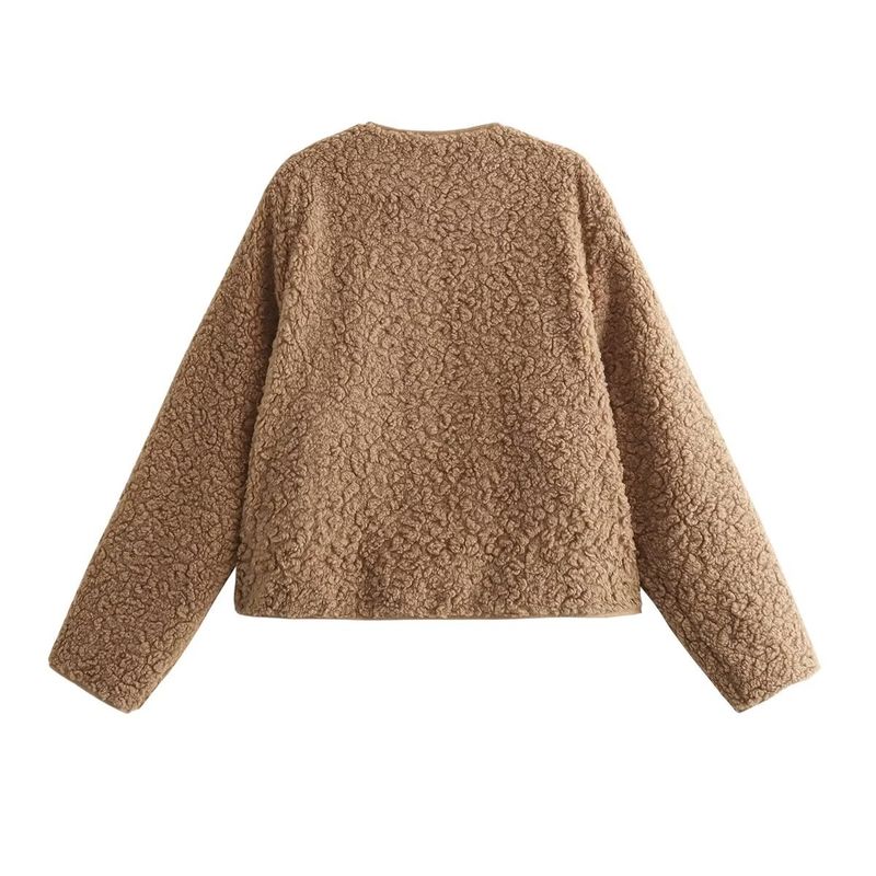 Chaqueta polar con cremallera de moda para mujer: prenda exterior suave y elegante con efecto 3D, cuello redondo y botones (caqui, talla S/M/L)_voghion.com