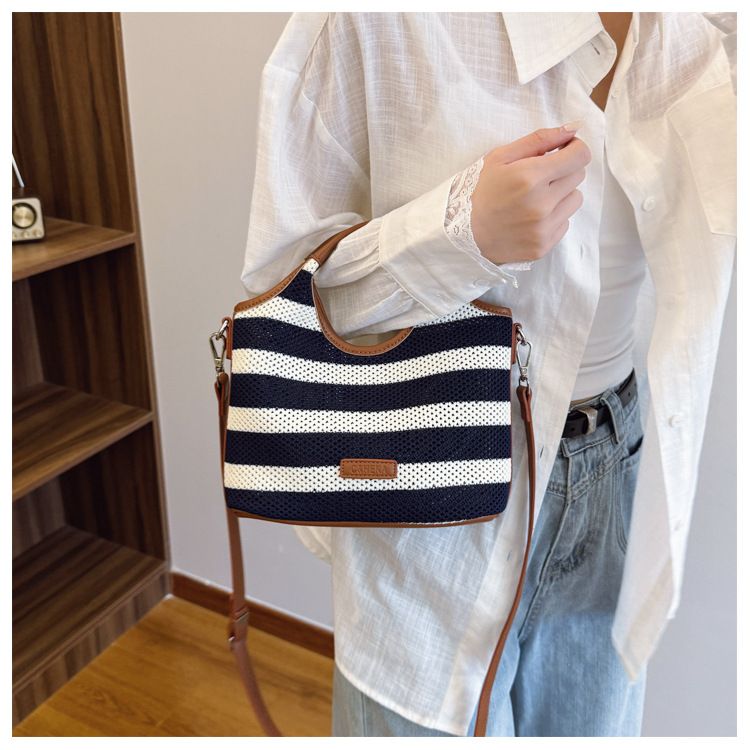 Borsa a secchiello con motivo a righe per donna, borsa da spiaggia casual in stile vacanza di grande capacità, tracolla singola_voghion.com