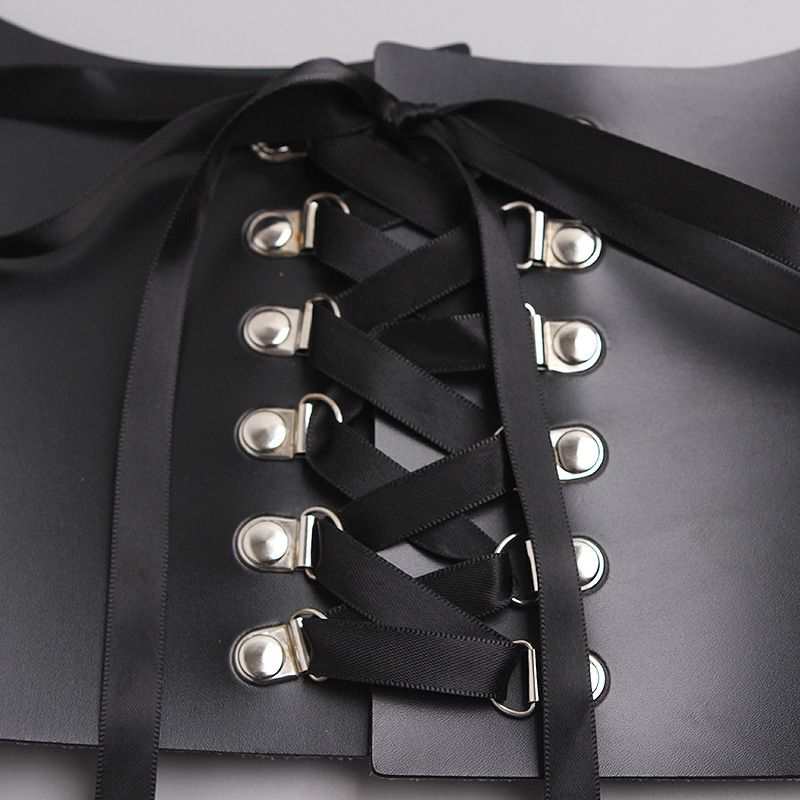 Dames leren harnas vest riem vrouwelijke zwarte strik schouderband_voghion.com