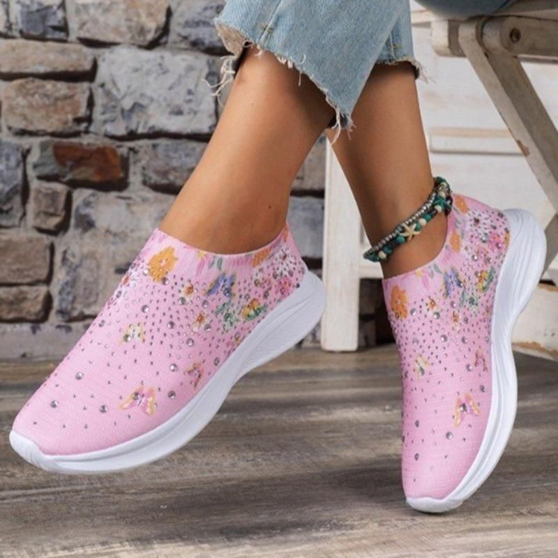 Sneakers slip-on da donna CMY con decorazioni in strass e stampa floreale e a farfalla - Scarpe da corsa traspiranti in maglia_voghion.com