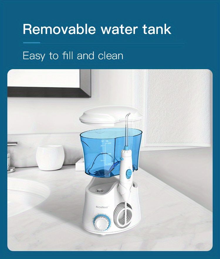 1 stk, 600 ml elektrisk vandtråd med 10 trykindstillinger og 7 tips til effektiv mundpleje og rengøring af skinner derhjemme_voghion.com