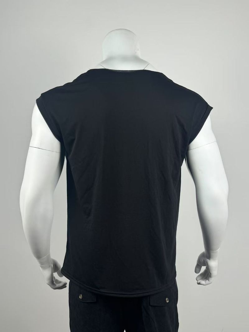 Camiseta deportiva sin mangas de color liso para hombre, cuello en V, hombros anchos, cuello alto, color liso_voghion.com