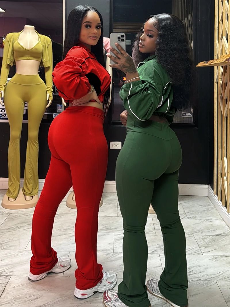 Women's Stylish Two-Tone Contrast Stitching Zip-Front Flared Pants Set – Trendy Office & Casual Outfit_voghion.com