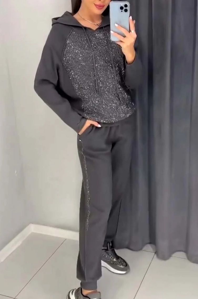 Women Two Piece Sets Pant Set Sequin Sweatshirts Loose Casual Matching Sets Hooded Tops High Elastic Waist Splice Long Pants_voghion.com