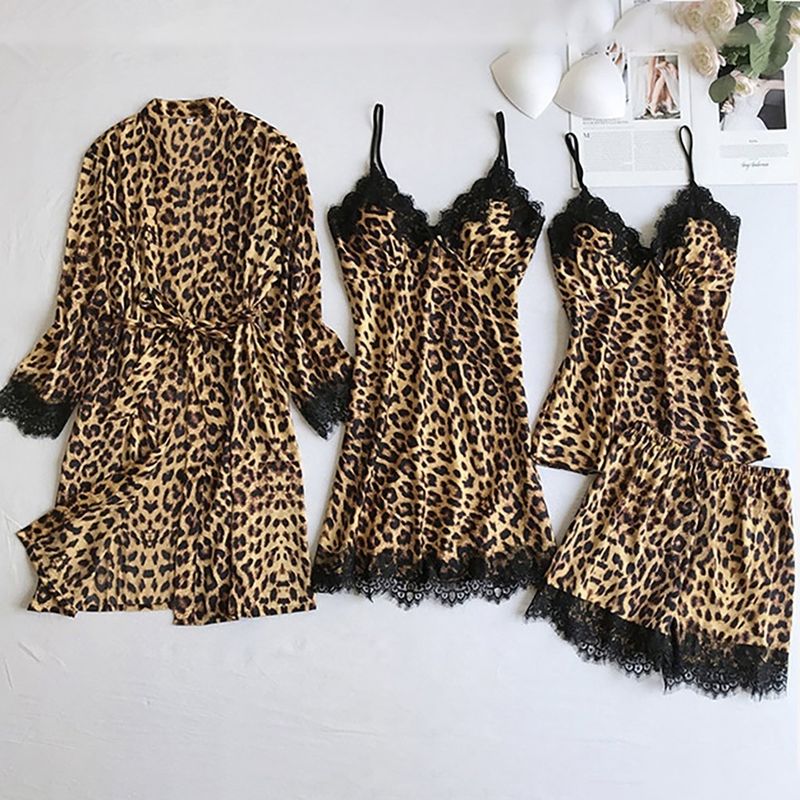 Women's Sleepwears Silk Black Leopard Print Home Clothes Pajamas Set Fashion Lace Pajamas Set_voghion.com