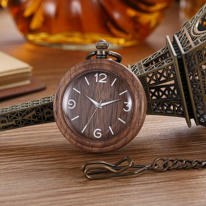 Vintage Wooden Pocket Watch With Dual-Loop Chain - Unisex Quartz Timepiece In Natural Wood Finish (45mm Case, Alloy Strap, Multiple Color Options)_voghion.com