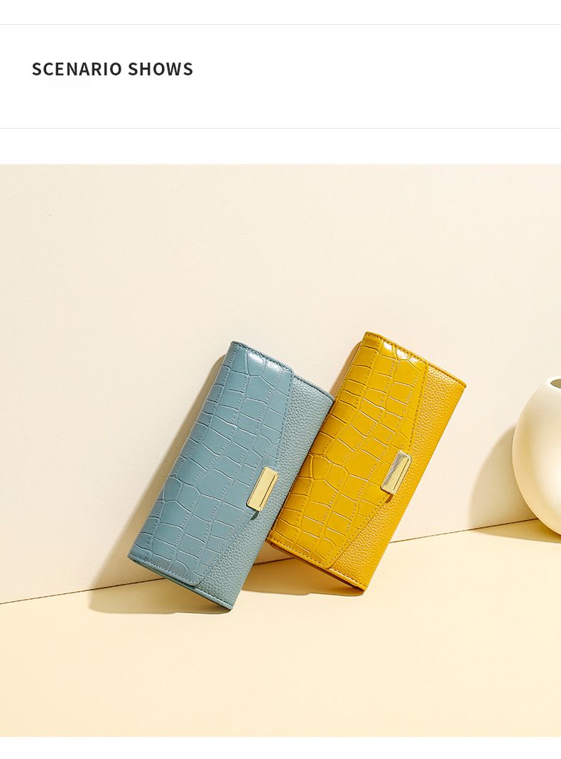 Carteira longa feminina, carteira clutch grande com três dobras de couro sintético de alta qualidade, com 10 compartimentos para cartões e várias cores disponíveis_voghion.com