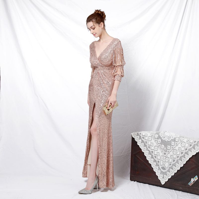 Women's Clothing Banquet Style Elegant Long Sleeves Sequinned Aura Queen Fishtail Evening Dress_voghion.com