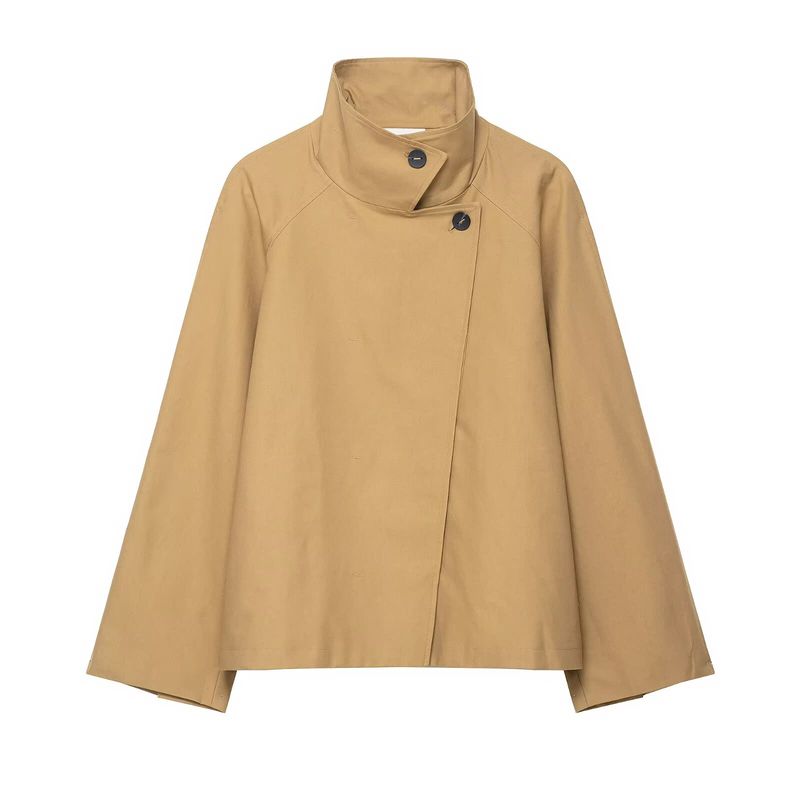 Women’s Oversized Trench Coat – Minimalist Short Jacket (Khaki, S-L, Polyester, Euro Streetwear)_voghion.com