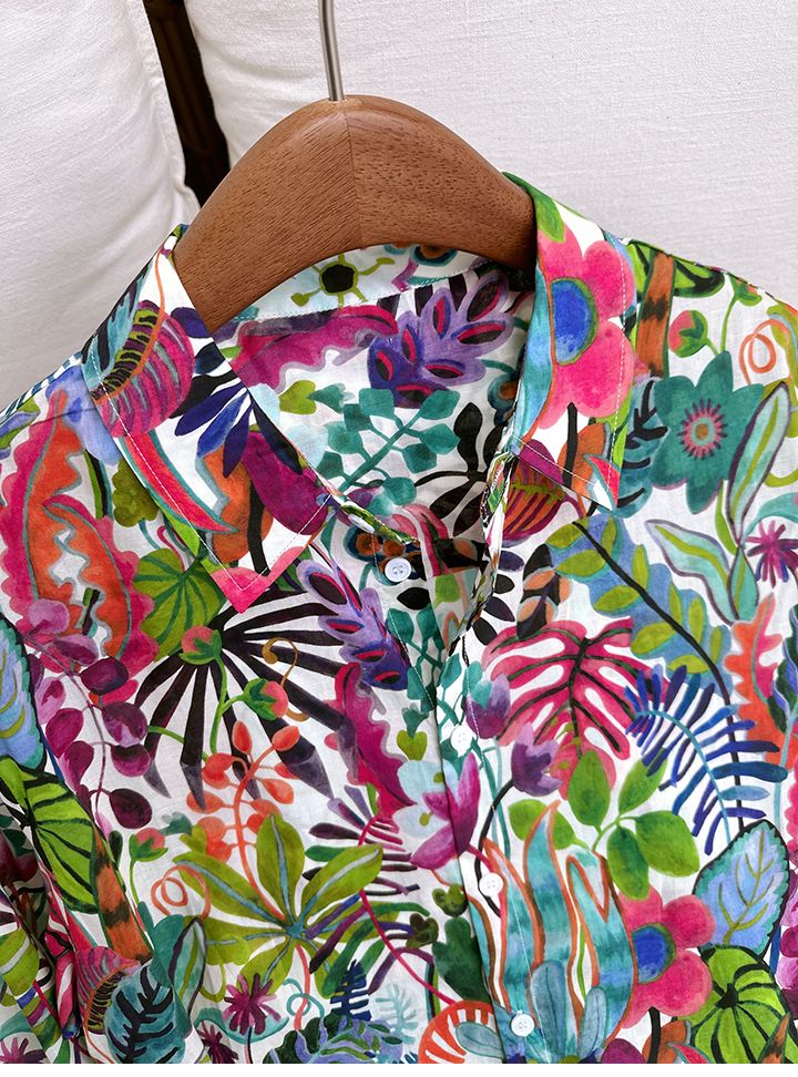 French niche art tropical rainforest plant print loose commuting slimming versatile straight tube long sleeved shirt_voghion.com