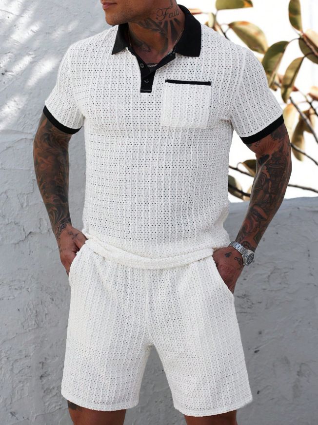 Men's Hollow Color Matching Short Sleeved Shorts Casual Sports Suit_voghion.com