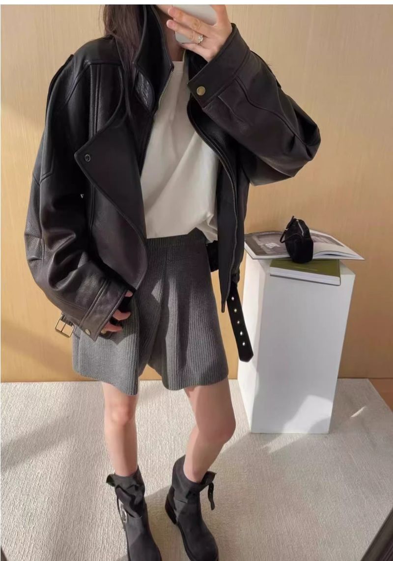 Veste motard en similicuir pour femme, manteau court, coupe ample, col double épaisseur, vêtements d'extérieur décontractés_voghion.com