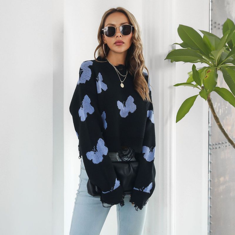 Maglione corto da donna in jacquard a farfalla strappata autunno e inverno a maniche lunghe_voghion.com