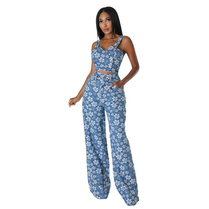 Îmbrăcăminte de damă, toamnă și iarnă, costum din denim jacquard, costum pentru club de noapte, cu pantaloni largi_voghion.com