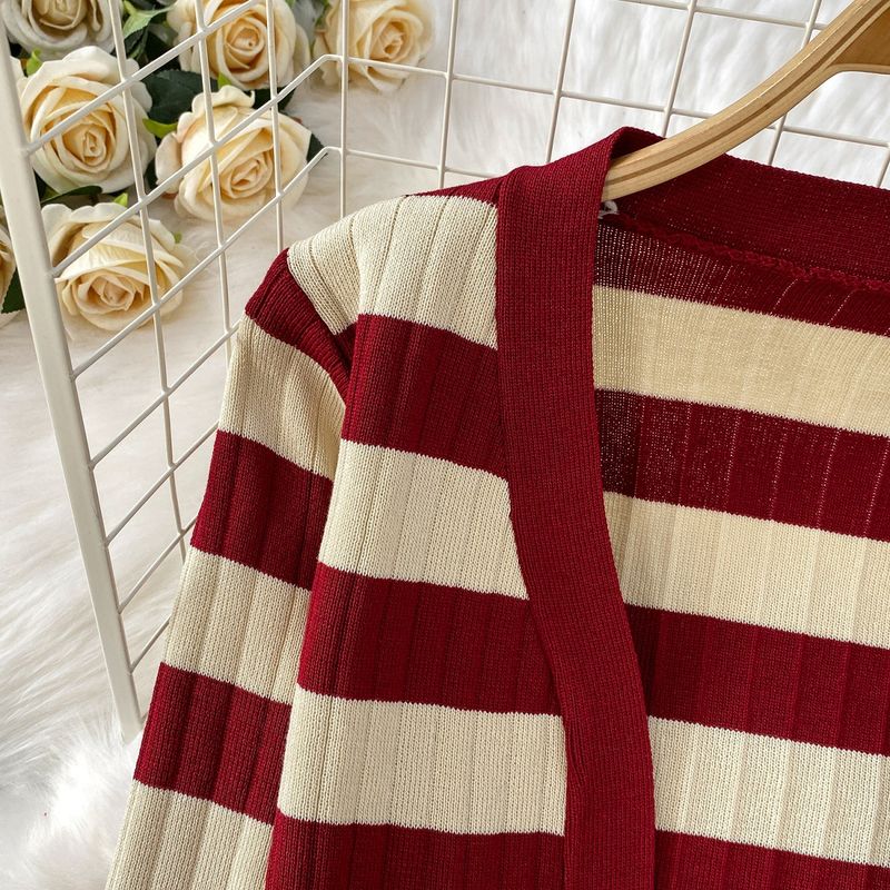 Abito da donna alla moda, con scollo a V, a maniche lunghe, in maglia, con giacca corta, a righe, snellente, con bretelle_voghion.com