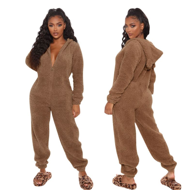 Women's Autumn And Winter Fleece Thickened Fluffy Jumpsuit Home Hooded Bear Pajamas_voghion.com