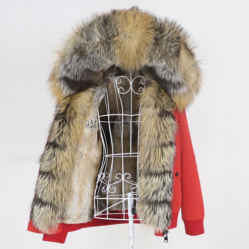 Damenbekleidung Parka im neuen Stil mit dickem Kaninchenfellfutter, abnehmbarem echtem Fuchspelz, großer Pelzkragenjacke, Pelzmantel_voghion.com