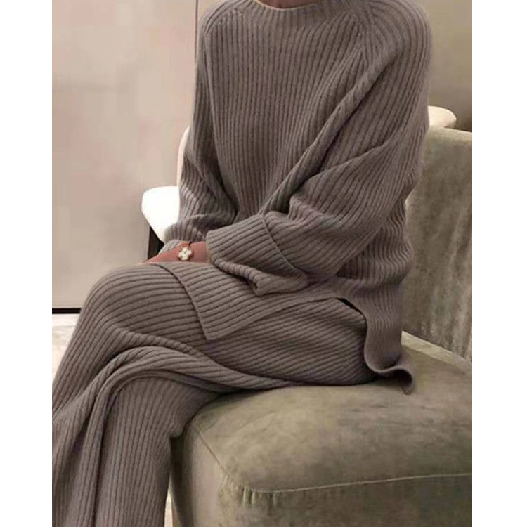 Kleidung langärmeliger, einfarbiger, gestrickter, lässiger, zweiteiliger Strickpullover_voghion.com