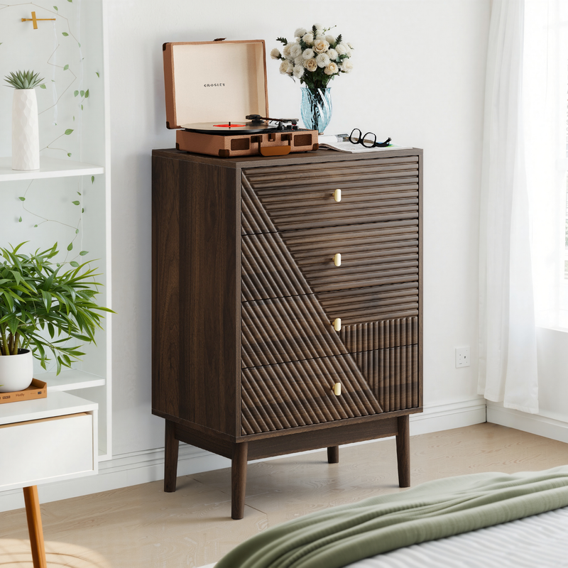 Kommode Mit 4 Schubladen, Moderner Aufbewahrungsschrank Aus Holz, Walnuss_voghion.com