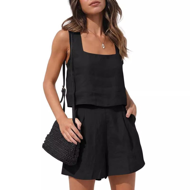Nuovo set casual da donna 2024, composto da 2 pezzi, pantaloncini in lino, canotta senza maniche_voghion.com