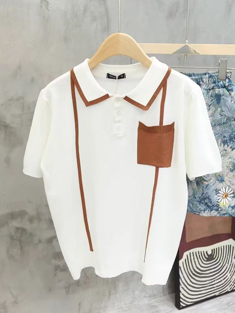 Polo estiva a righe da uomo, versatile, in seta ghiacciata fresca e a maniche corte, semplice e alla moda, con scollo rotondo._voghion.com