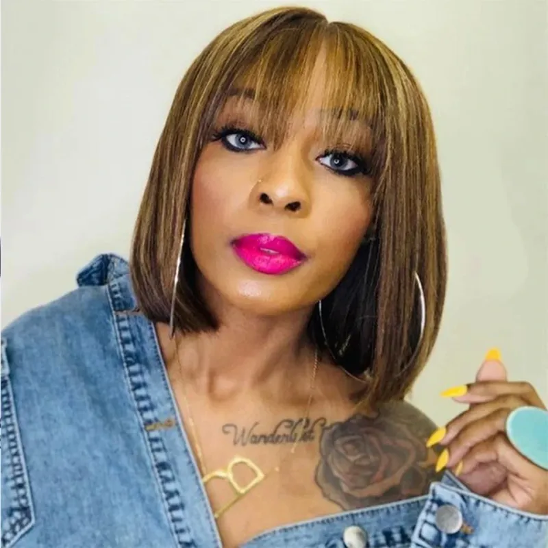Highlight Colored Straight Bob Wig With Bangs Human Hair Wig for Women_voghion.com