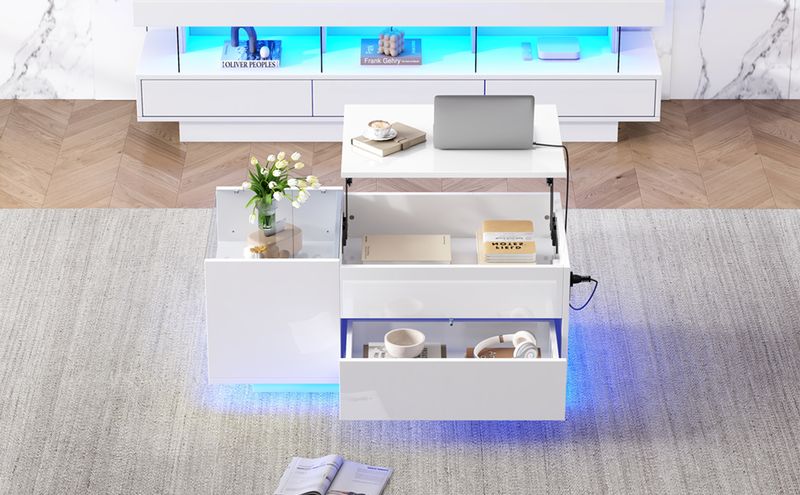 Table basse réglable en hauteur 95 x 48 x 42 cm avec rangement dissimulé, éclairage LED, tiroir et prise – Table d'appoint de salon blanche_voghion.com