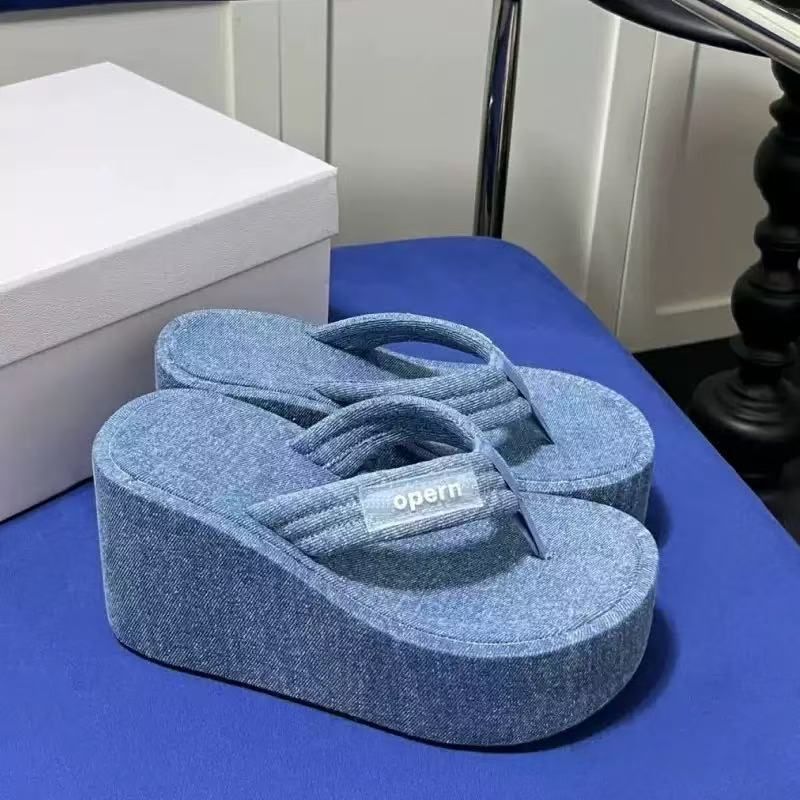 26ss Thick-Soled Height-Increasing Hot-Selling Niche Flip-Flops Denim Blue Black Sky-High Platform Wedge Casual Sandals_voghion.com
