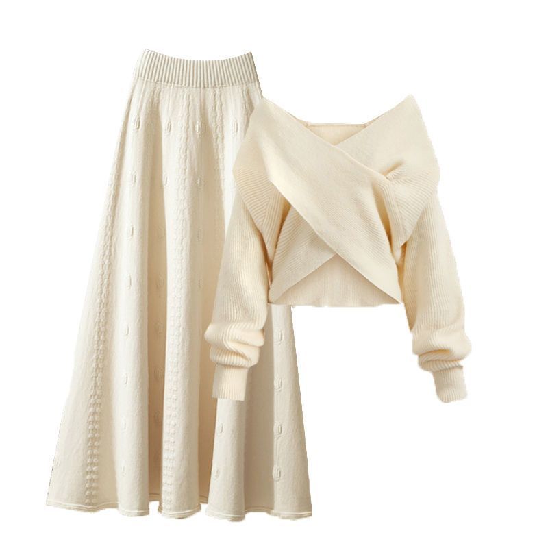 Inspired Women's Autumn Winter Knitwear Set - Oversized Sweater & Slimming Midi Skirt (Available In 4 Elegant Color Combinations)_voghion.com