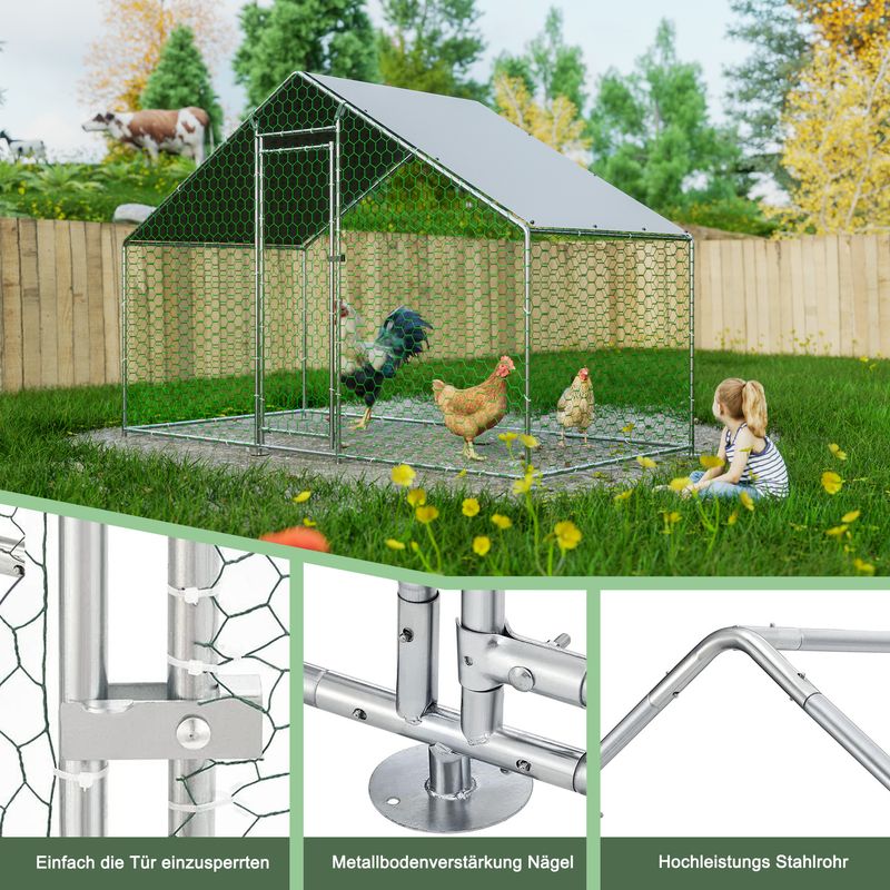 Hühnerstall Freilaufgehege 3x1,5x2m Mit Sicherheitsschloss Und Wasserdichtes PE-Tuch, Kleintiergehege Aus Metall Für Hühner, Kaninchen Und Weitere Kleintiere_voghion.com