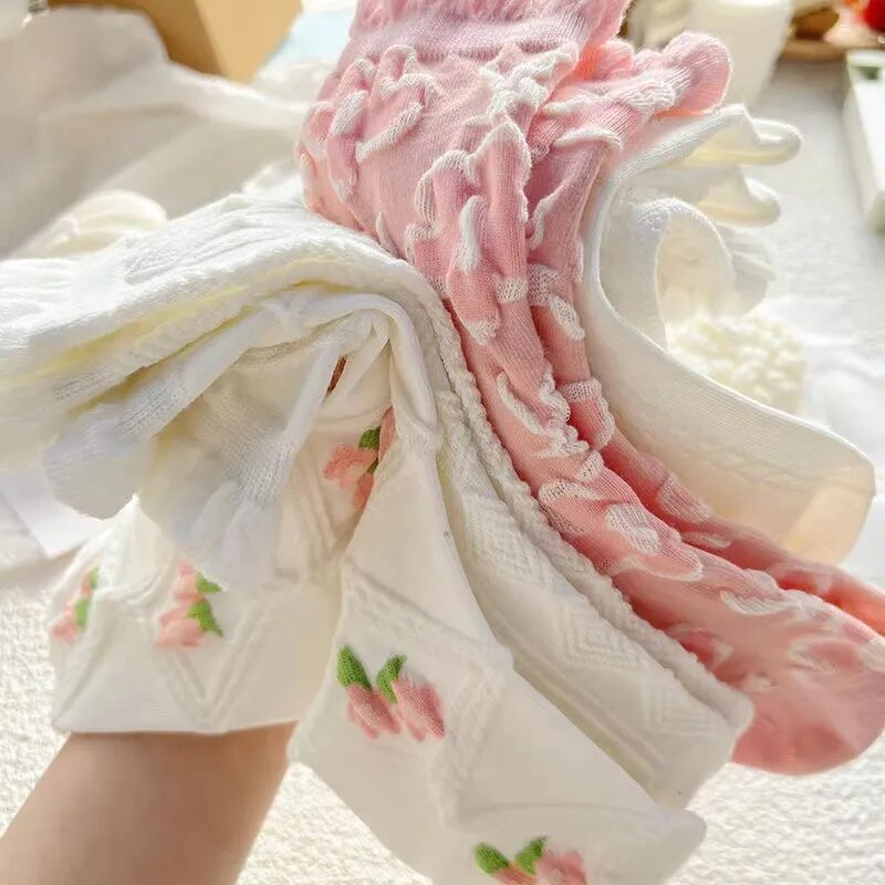 5 paia di graziosi calzini stile Haruku Lolita bianchi da donna in cotone rosa primaverile ed estivo con volant_voghion.com