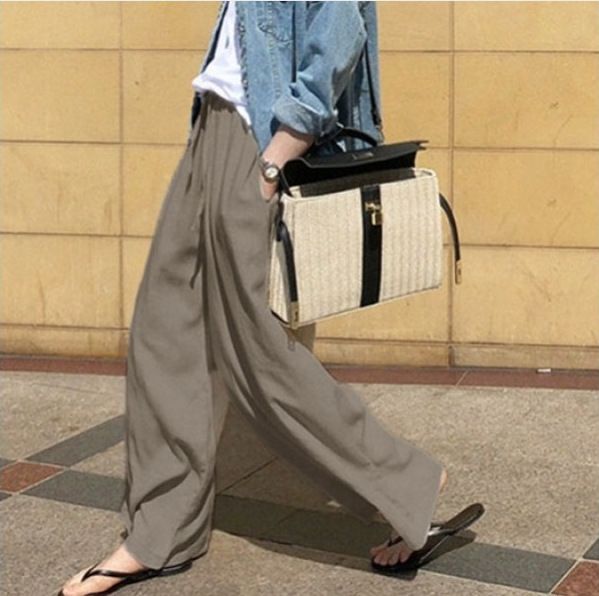 Pantaloni a gamba larga da donna, pantaloni di lino da donna alla moda a vita alta, pantaloni larghi casual in tinta unita all'ingrosso_voghion.com