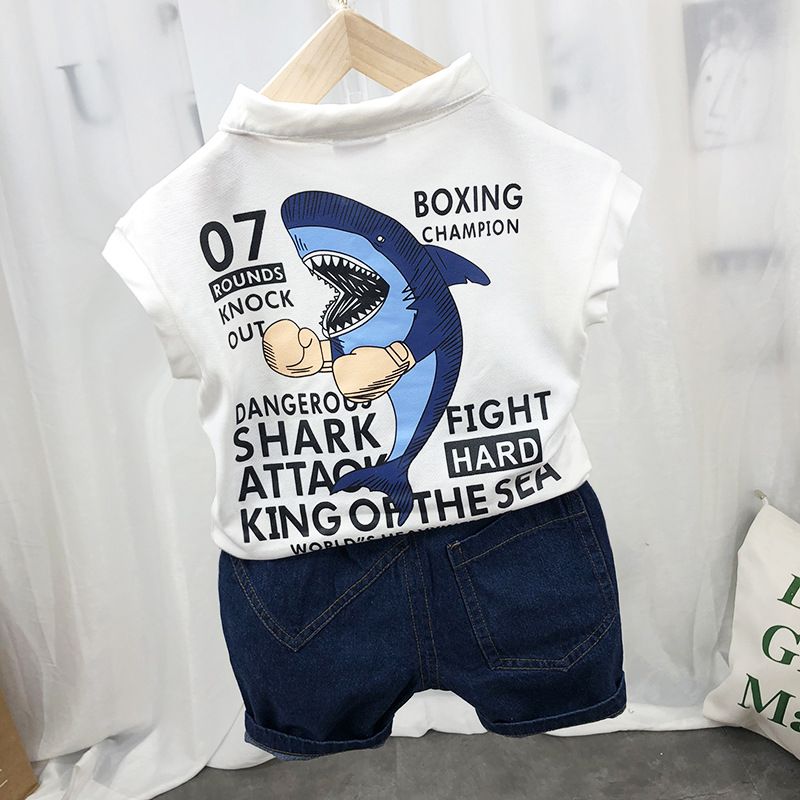 Ropa para madres y niños, novedad de verano, versión coreana para niños, camiseta con solapa, pantalones cortos, traje sin mangas con estampado de dibujos animados para niños_voghion.com
