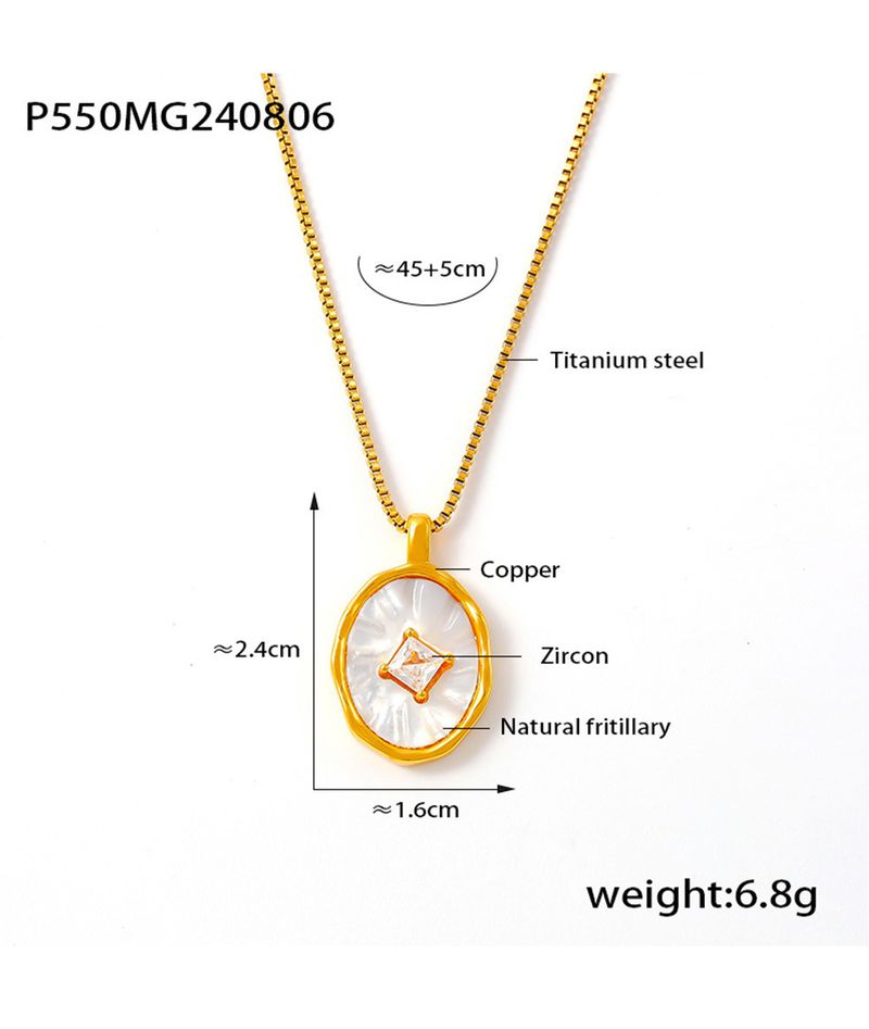 Damenschmuck Retro Oval Perlmutt mit Zirkonia-Kupferanhänger Schlüsselbeinkette aus Titanstahl mit echtem Gold überzogen Stapelstil_voghion.com