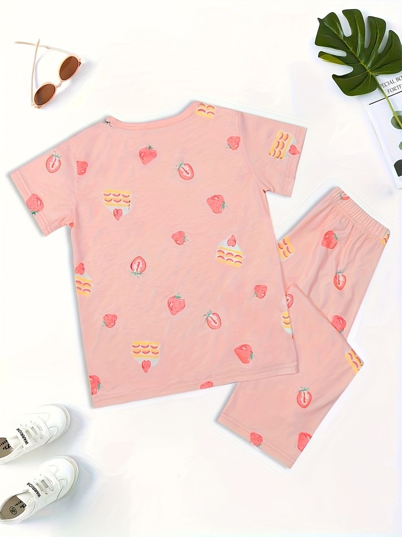 Pijamas de verano para niños, nuevos conjuntos de ropa de casa de manga corta para niños europeos y americanos, pijamas de bebé con cuello redondo y estampado de fresas._voghion.com