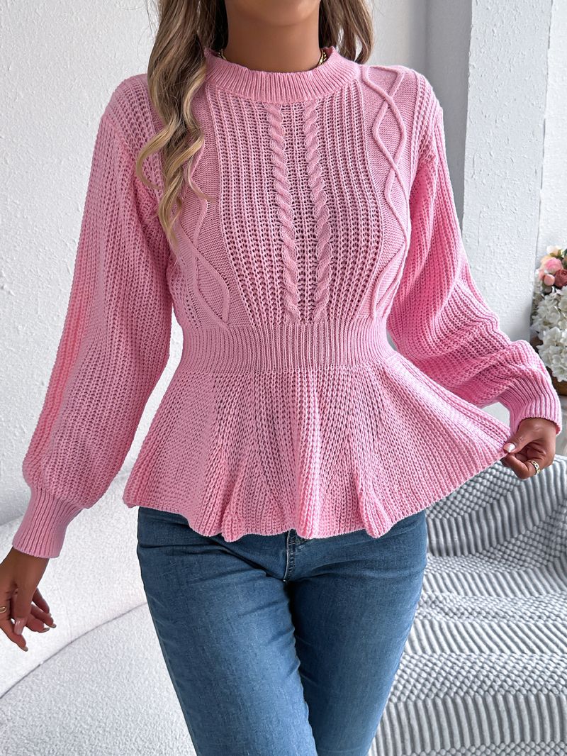 Autumn Winter Solid Color Cable Knit Waist-Cinching Ruffled Long Sleeve Pullover Sweater Women's Fashion_voghion.com