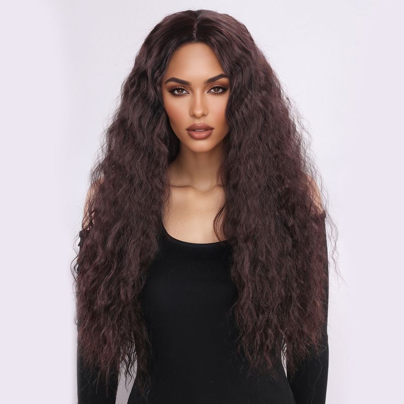 Parrucca con extension per capelli, nuova parrucca per donna, capelli neri ricci alla moda, ondulati, ricci di mais, riga centrale, frangia, copricapo completo._voghion.com