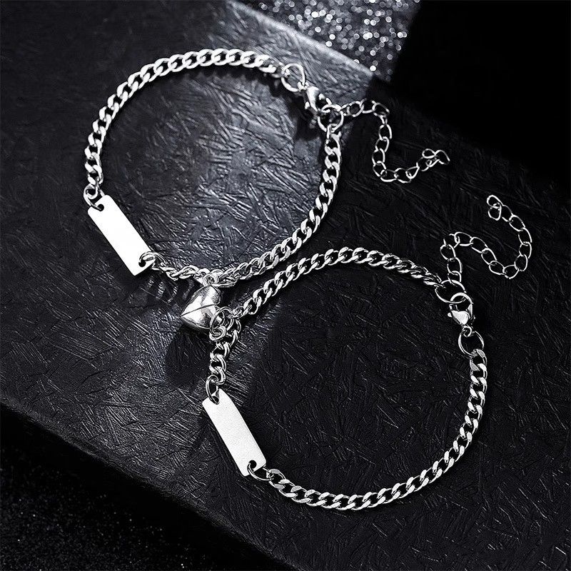 Titanium Steel Heart Magnetic Couple Bracelets Pair Simple Niche Non-Fading Versatile Design Engravable Gift_voghion.com