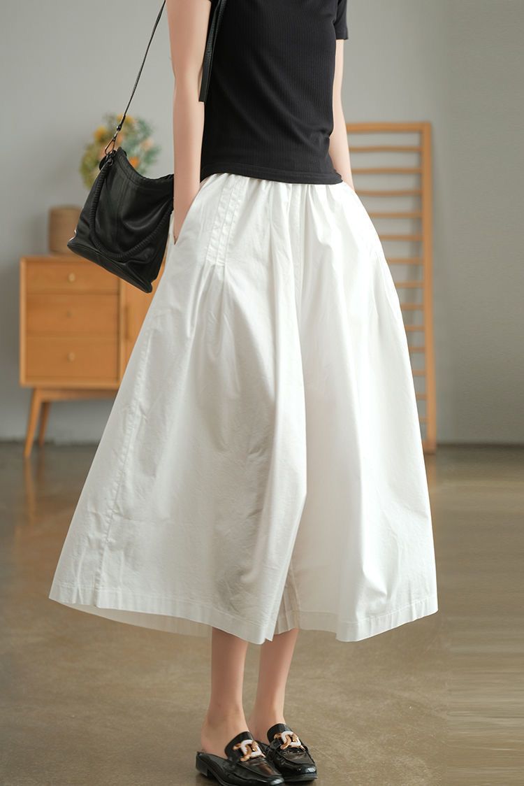 hot selling Khaki Women's 100% Pure Cotton Casual Loose Elastic Waist Wide Leg Women 2024 Summer New Retro Black Skirt Pants_voghion.com