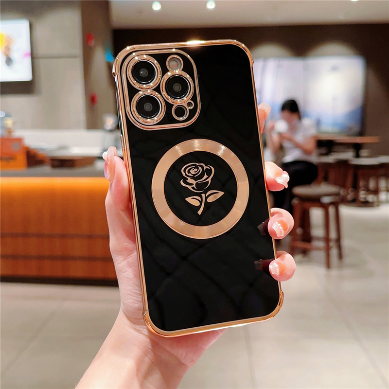 15 Pro Max Magsafe placcatura magnetica custodia per telefono fiore rosa per iPhone 11 12 13 14 Plus copertura protettiva per obiettivo_voghion.com