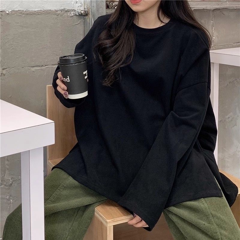 Black Cotton Split Long Sleeve T-Shirt For Women, Spring And Autumn 2025 New American Style Loose Fit Base Layer Top_voghion.com
