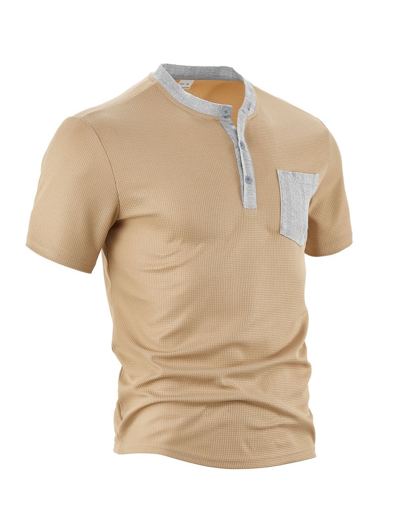 Unbeatable Quality Men's Clothing Inventory Summer New Product Machine Washable Patch Bag, Open Placket, Color Blocked Polyester Waffle_voghion.com