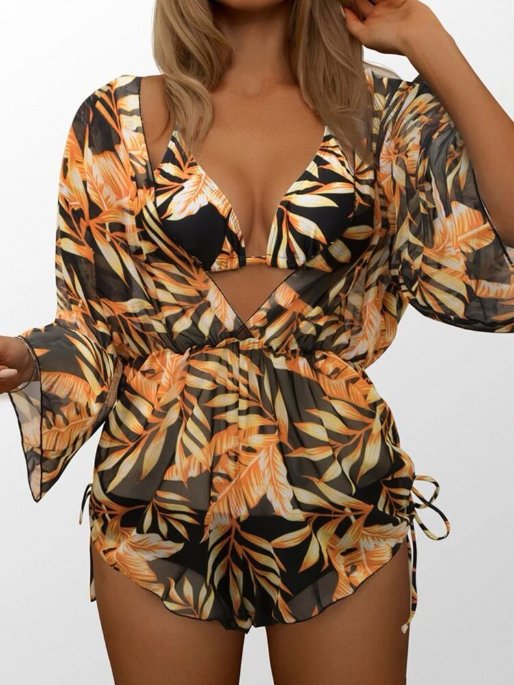 Costume da bagno intero da donna in rete con vita alta, stampa con coulisse, bikini in tre pezzi_voghion.com