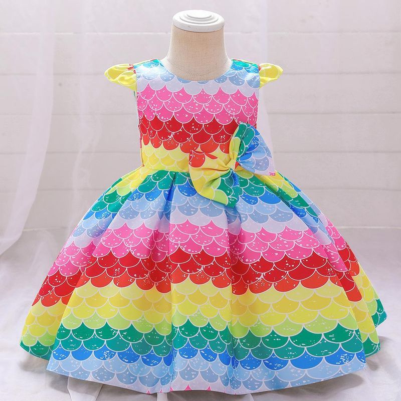 Vestito da sirena iridescente per bambine di Halloween - Abito da spettacolo in raso con maniche a palloncino per feste in maschera (70-120 cm)_voghion.com