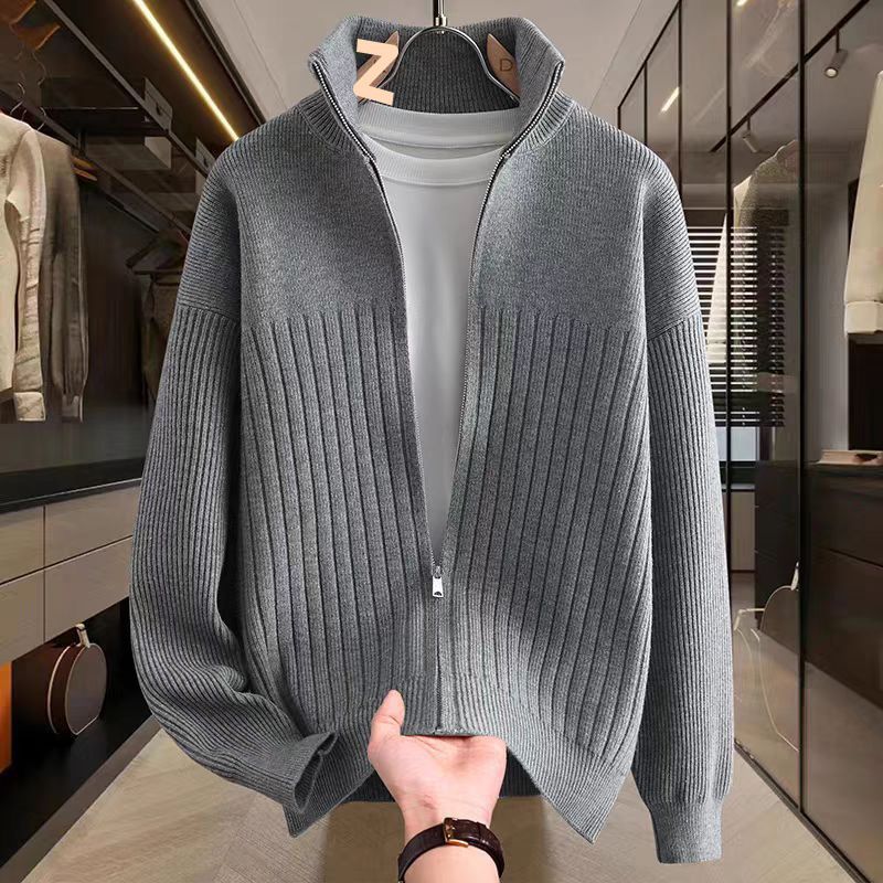 Men's Knit Cardigan Sweater With Stand Collar & Zipper - Solid & Striped Casual Pullover For Autumn & Winter_voghion.com