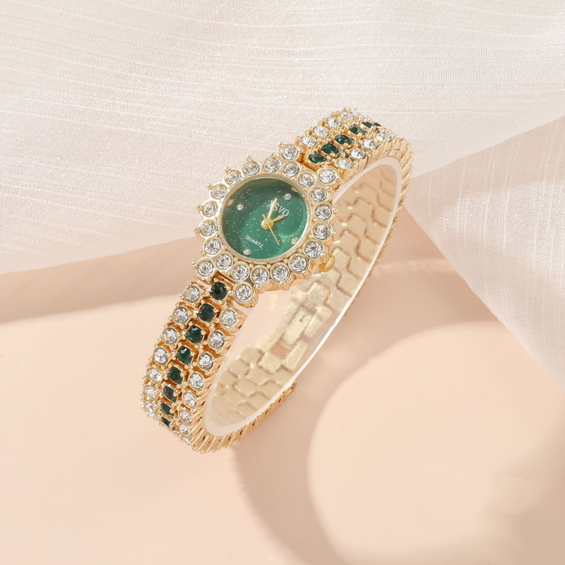 Klein Groen Horloge Dames Stalen Quartz Horloge + Ring Set Geschenkdoos 5st/set_voghion.com