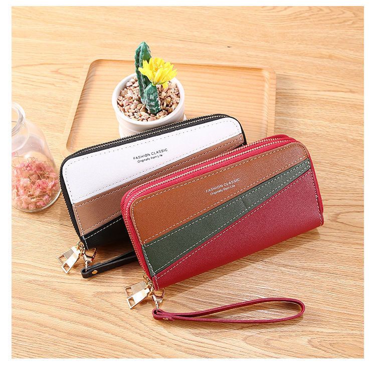 Nueva cartera con doble cremallera para mujer, larga, estilo coreano, con costuras en contraste de color, gran capacidad, doble capa, cartera para teléfono móvil_voghion.com