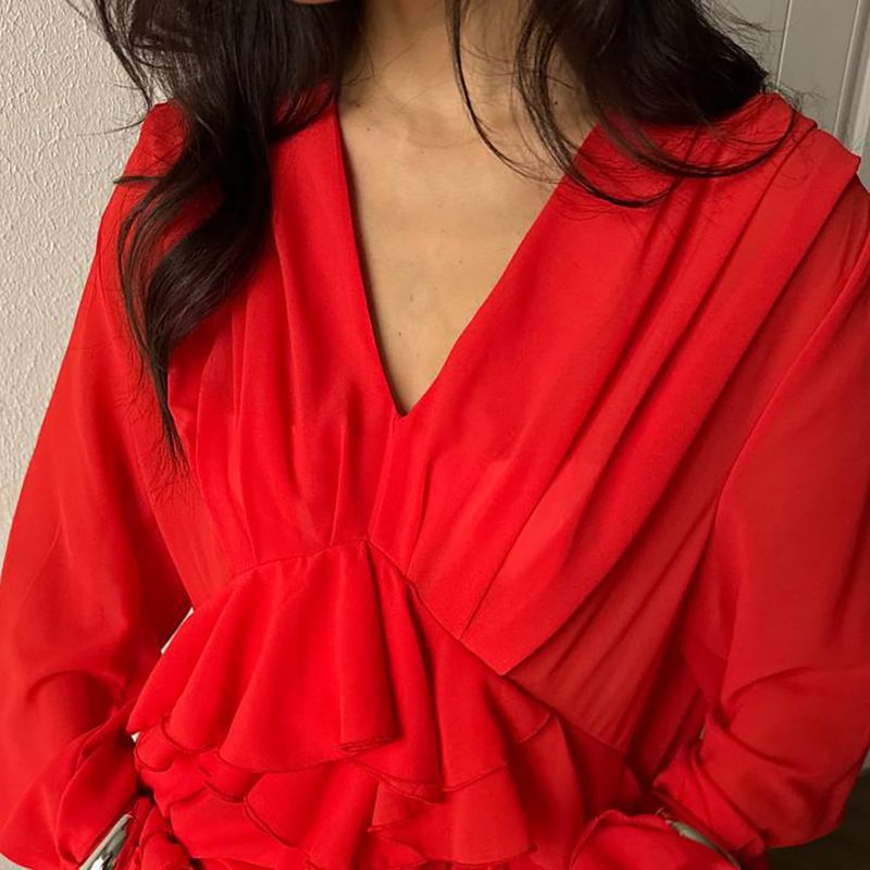 Blusa elegante de gasa holgada con cuello en V, mangas acampanadas y volantes en el bajo - Top bohemio oversize de moda para mujer_voghion.com
